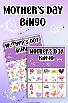 mother's day bingo game with flowers and hearts on the front, and text that reads