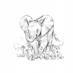 an elephant is walking through the grass with flowers on it's back legs and tusks