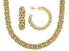 Moda Al Massimo® 18k yellow gold over bronze byzantine link necklace and hoop earring set of two. In this set you will receive one 20 inch necklace measuring approximately 1/4 of an inch in width, 6.5mm gauge, and has a lobster claw clasp. You will receive one pair of byzantine hoop earrings measuring 1 5/16"L x 1 3/16"W and have push back closures. Gold Byzantine Jewelry With Box Chain, Gold Byzantine Box Chain Jewelry, Gold Byzantine Style Jewelry With Box Chain, Yellow Gold Byzantine Jewelry With Box Chain, Byzantine Yellow Gold Jewelry With Box Chain, Byzantine Style Box Chain Jewelry, Tarnish Resistant Byzantine Round Jewelry, Tarnish Resistant Byzantine Jewelry, Byzantine Necklace