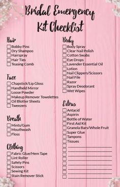 the bridal emergency kit checklist is shown on a pink wood background with flowers