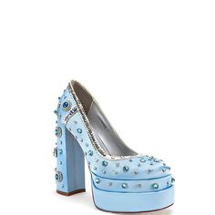 Azalea Wang " Royal Readiness " These Platform Heels Feel Like A Modern Day Princess Heel! Our " Royal Readiness " Platform Pump In Baby Blue Features A Gorgeous Baby Blue Satin Material, Regal Matching Rhinestone Embellishments On Both The Upper And The Heel, And Scalloped Metallic Trim On The Topline To Finish It All Off. Style These For Any Glamorous Event And Feel Yourself Shine! Babyblue Gem Platform Heels - Cuz Who Will Have The First Dance? These Shoes Have A Satin Construction, Platform Light Blue Round Toe Heels For Evening, Blue Heels With Rhinestones And Round Toe, Blue Embellished Heels For Gala, Embellished Blue Heels For Gala, Luxury Blue Heels With Rhinestones, Glamorous Blue Heels With Round Toe, Glamorous Blue Round Toe Heels, Glamorous Embellished Blue Heels, Glamorous Blue Embellished Heels