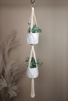 three hanging planters with plants in them