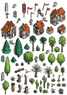 an illustrated drawing of different types of houses and trees