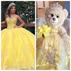 a teddy bear dressed in a yellow dress and wearing a tiara with flowers on it