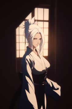 an anime character standing in front of a window with sunlight coming through the window panes