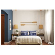 a bedroom with blue walls and white bedding has two lamps on either side of the bed