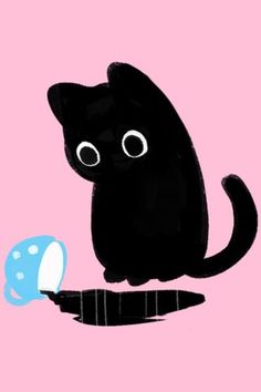 a black cat sitting on top of a pink wall next to a blue object with googly eyes