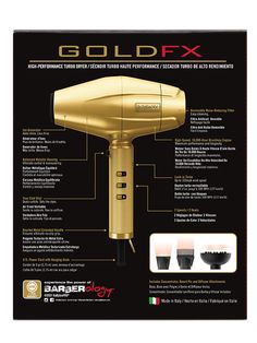 BaBylissPRO® GOLDFX High-Performance Turbo Dryer Item No. FXBDG1 High-performance. Perfectly balanced. Italian-designed. The BaBylissPRO GOLDFX Dryer offers the superior engineering and sleek styling that make our GOLDFX collections so popular. Compact housing powered by a high-speed brushless engine allows faster styling and maneuvering. A turbo button boosts wind speed to 100 MPH, making this one of the fastest dryers available. A long, knurled metal handle ensures the ultimate no-slip grip, e Compact House, Wind Speed, Beauty Design, Power Cord, Organic Beauty, Natural Texture, Italian Design, High Speed, High Performance