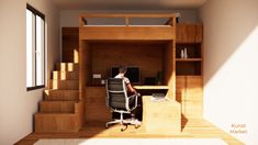 a man sitting at a desk in front of a computer on top of a wooden shelf