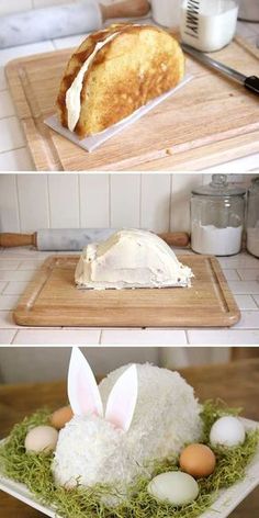 two pictures of bread and eggs on a cutting board, one has an egg in the shape of a bunny