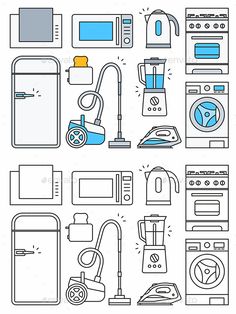 a set of household appliances in line art style