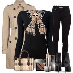 Burberry Work, created by tayswift-1d on Polyvore Burberry Purse Outfit, Plaid Purse, Mode Tips, Tan Cardigan, Burberry Scarf, Rain Coat, Purse Black