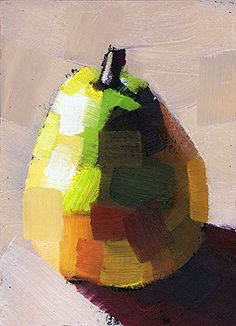 an abstract painting of a pear on a white surface with red, yellow and green colors