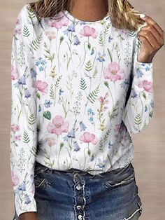 White Casual Graphic Tops Round Neck Long Sleeve Floral Printed Sweatshirts Cotton Casual Pants, Floral Print Pants, Half Sleeve Blouse, Blouse Sale, Casual Long Sleeve Shirts, Long Sleeve Tops Casual, Graphic Tops, Basic Long Sleeve, Hooded Coat