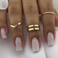 Yeknu 24Pcs Mid Length French Fake Nail with Butterfly Design Square F Nail With Butterfly, Nails Short Medium, Nails For Wedding, Nails With Bling, White Press On Nails, White Nails With Gold, White Gel Nails, Gold Acrylic Nails, Clear Acrylic Nails