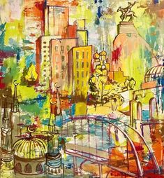 an abstract painting of a cityscape with lots of buildings and people walking across the bridge