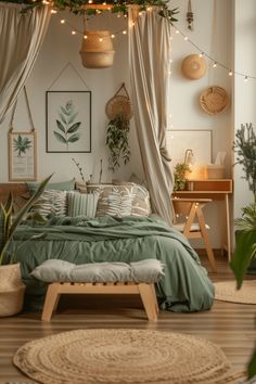 a bed with green sheets and pillows in a room decorated with plants, lights and wicker baskets