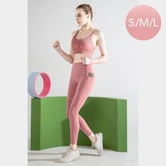 Size: S/M/L Material : 75% Nylon, 25% Spandex Designed for Training Sweat-Wicking Four-Way Stretch Breathable, Smooth and Cool Feel Banded High Waist Tights with side and waist pockets, sports bra with back pocket Size of Model: Height 5'10; Wearing Size S Pink Solid, Of Model, Pocket Size, Model Height, Sports Bra, High Waist, Tights, High Rise, On Sale