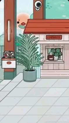 an animated image of a store front with plants in the foreground and potted houseplants on either side