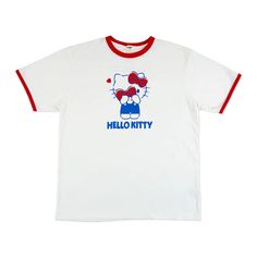 a hello kitty t - shirt with red and blue trims on the chest, in front of a white background