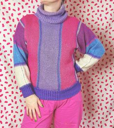 "Vintage 1980's (maybe even late 70's) color block sweater. Likely a kids sweater but would definitely fit a small adult. Modeled on a size medium. One sleeve has some slight staining (see photo), but it's pretty faint.  Measurements taken flat and doubled at bust (pit to pit) and waist: Bust: 38\" Waist: 28\" Length: 21\" Knit does have stretch." 80s Sweater Outfit, 1980’s Fashion, 80s Sweater, Anime Clothing, Colorblock Sweater, Background Ideas, Flexibility Workout, Pullover Sweater Women, Color Block Sweater