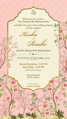 a pink and gold wedding card with flowers on the front, in an ornate frame