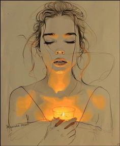 a drawing of a woman holding a lit candle