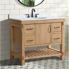 a bathroom vanity with a mirror above it and a plant on the wall behind it