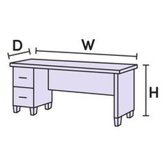 a drawing of a desk with two drawers and one drawer on each side, measurements shown below