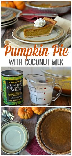 pumpkin pie with coconut milk and whipped cream in the middle, on a wooden table