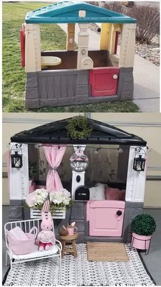 a doll house with pink and grey furniture in the front, and an image of a toy