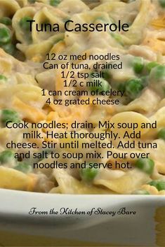 the recipe for tuna casserole is shown in a white dish