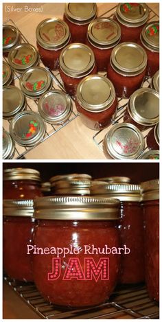 jars filled with jam sitting on top of a shelf next to other jars and lids