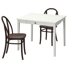 a white table and two chairs with one chair up against the other, in front of a white background