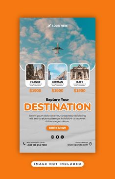 a travel flyer with an airplane flying over the city