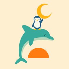 a penguin sitting on top of a dolphin with a crescent in the sky above it