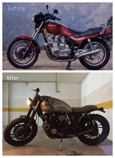 before and after photos of a motorcycle