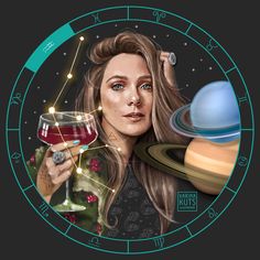 a woman holding a wine glass in front of saturn