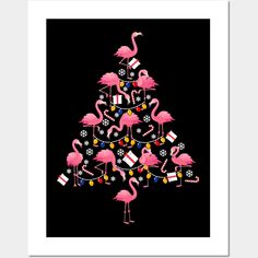 a christmas tree with pink flamingos and presents on it in front of a black background