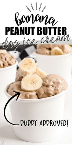 two white bowls filled with peanut butter dog treats and topped with sliced banana slices on top