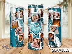 two canisters with pictures on them and the words seamless in front of them