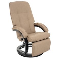 a beige reclining chair with black frame and foot rest on an isolated white background