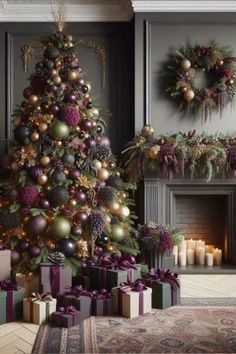 a decorated christmas tree in front of a fireplace