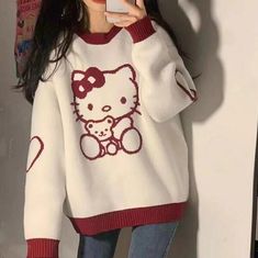 Hello Kitty Outfit, Kitty Clothes, Hello Kitty Clothes, Fluffy Sweater, Trendy Sweaters, Casual Tops For Women, Loose Sweater, Really Cute Outfits, Kawaii Clothes