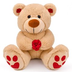 a brown teddy bear with a red rose on it's chest and paw prints