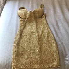 Never Worn, Missing A Few Gold Studs Since It’s Delicate. Can Be Easily Fixed. Oh Polly Gold Dress, Nye Party Dress, Amazon Birthday Dress, Strapless Gold Dress, Semi Ideas, Pearl Embellished Dress, Unique Mini Dress, Unique Mini Dresses, Fem Style