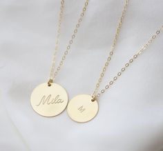 Personalized large circle disk tag necklace in Gold filled or Sterling silver. Have this custom necklace personalized with your child's name, your name, initials or any meaningful word of your choice. This necklace is perfect for a special meaningful keepsake gift for mom, friend wife or that special someone. OPTIONS Material: SS// for Sterling silver GF// for Gold filled Disk size : 16mm // 19mm Cubic Zirconia charm: You can choose from the drop down bar menu to add a 4mm CZ charm PLEASE READ B Disk Necklace, Mom Friend, Christmas Necklace, Name Initials, Bar Menu, Belly Chain, Disc Necklace, Holiday Jewelry, Circle Necklace