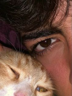 a close up of a person holding a cat's face to the camera with their eyes closed