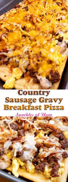 this is an image of sausage gravy breakfast pizza