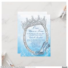 a princess themed birthday party with high heel shoes and tiara on the front card